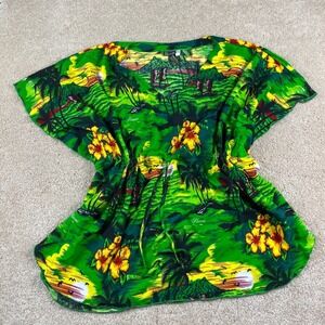 Aloha Fashion Hawaiian Print Kaftan Top Green Rayon Drawstring OS Tropical Tunic